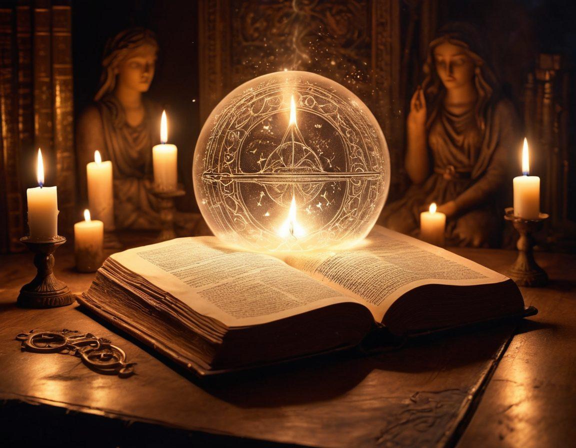 A mystical scene featuring an ancient, weathered book opened to reveal glowing symbols, surrounded by flickering candles and a crystal ball reflecting ethereal lights. Shadowy figures can be faintly seen in the background, hinting at secrets waiting to be discovered. Intricate patterns of light and shadow dance through the air, adding an aura of mystery. surrealism. dark tones. vibrant highlights.