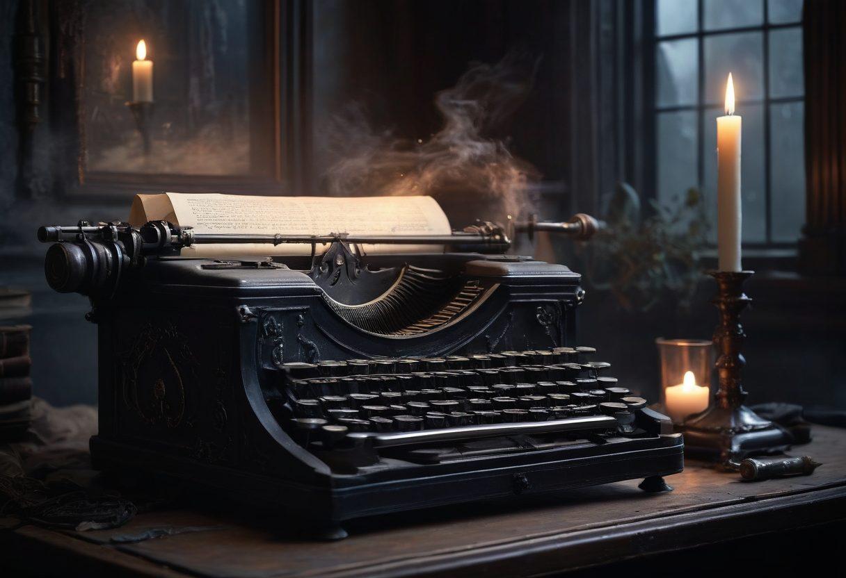 A mesmerizing blend of gothic architecture entwined with ethereal elements, showcasing dark, moody colors and intricate details. In the foreground, a glowing candle illuminates a vintage typewriter, symbolizing creativity and introspection. Surrounding the scene are delicate wisps of mist and floating symbols of spirituality, such as crystals and feathers. A moonlit sky serves as a dramatic backdrop, enhancing the mysterious atmosphere. dark fantasy art. moody lighting.