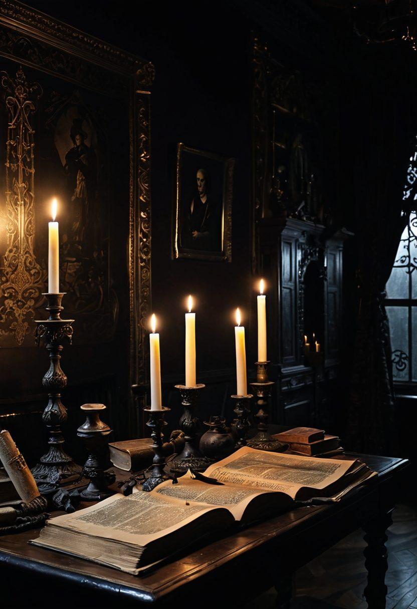 A mysterious, dimly lit room filled with intricately designed shadows cast by ornate candlesticks. Vintage books with dark covers line the walls, and a tattered black velvet curtain billows slightly from an unseen breeze. A solitary quill rests on a weathered desk, surrounded by ink pots and parchment illuminated by flickering candlelight. The atmosphere is thick with intrigue, inviting viewers to delve into the art of dark storytelling. moody lighting. gothic art style.